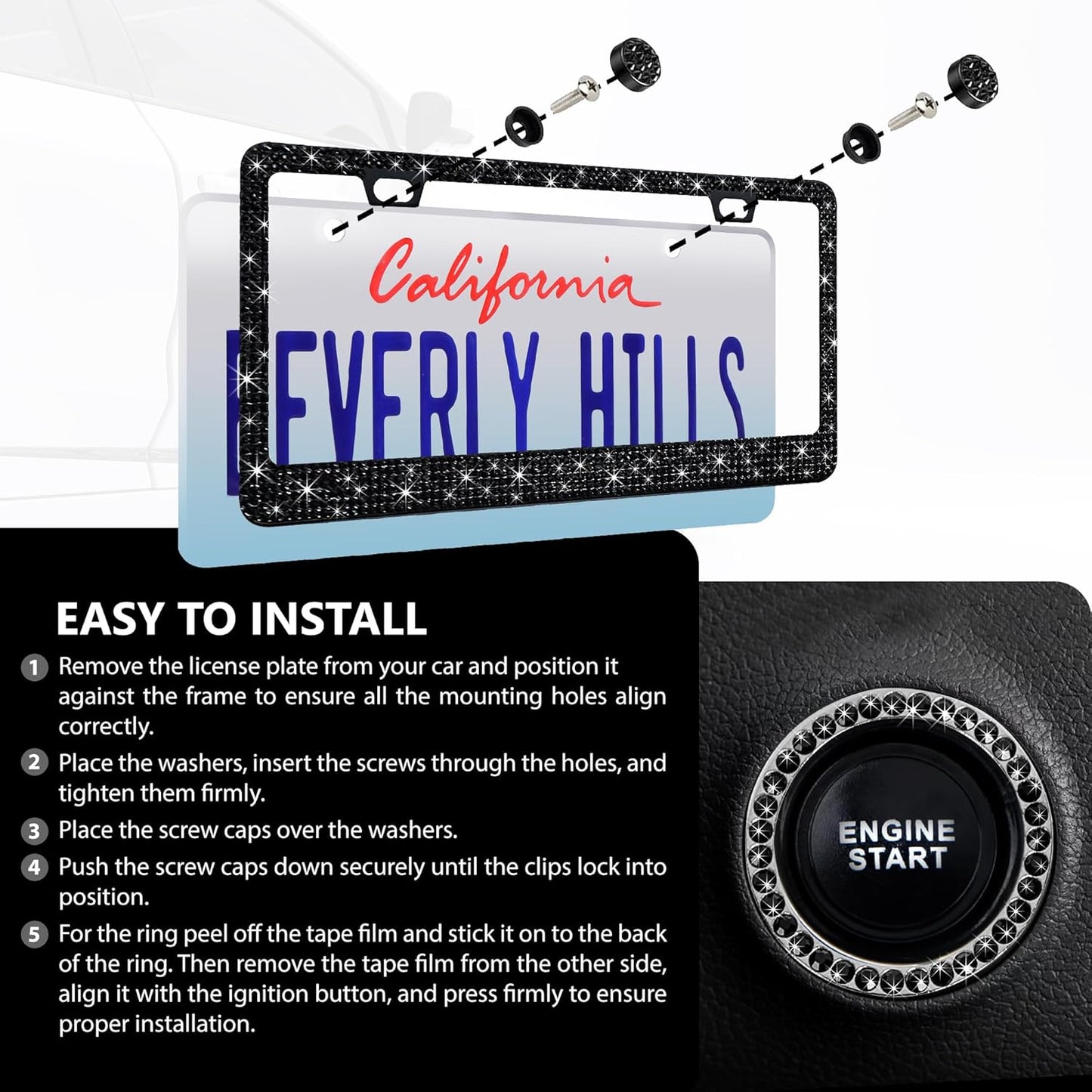 2 Pack Black Bling License Plate Frames for Women - Stainless Steel with Diamond Sparkly Rhinestone License Plate Holders - Perfect Birthday for Auto Lovers