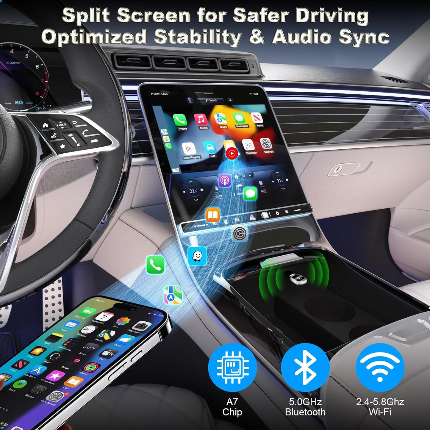 Wireless CarPlay Adapter-Mini Edition,Convert Factory Wired to Wireless Apple CarPlay Dongle,Includes USB-A to USB-C Adapter,Fast Stable Connection Plug Play Car Play Dongle for iPhone iOS 10+（Black）