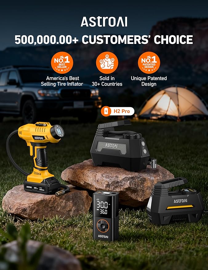 AstroAI H2 Pro Tire Inflator Portable Air Compressor Fully Upgraded Air Pump with DC 12V/Battery Dual Power Supplies Digital Pressure Gauge Fast Inflation Pump for Cars Motorcycles Bikes Balls Gray