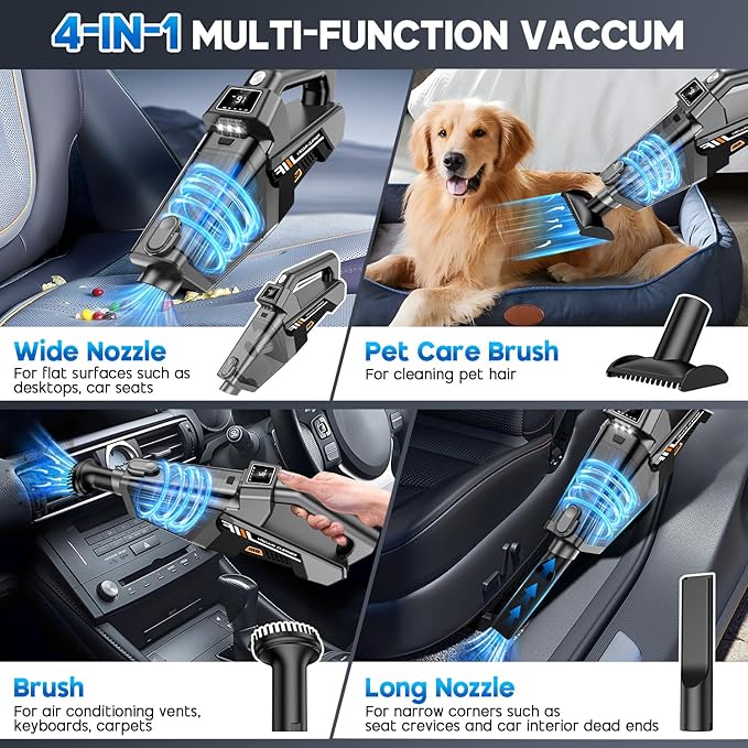 EYYA Handheld Vacuum Cordless, 16KPA Powerful Suction Hand Held Vacuum Cleaner Dust Busters Cordless Rechargeable, HD Display & 3 LED Lights, Portable Vacuum for Car, Home, Pet Hair