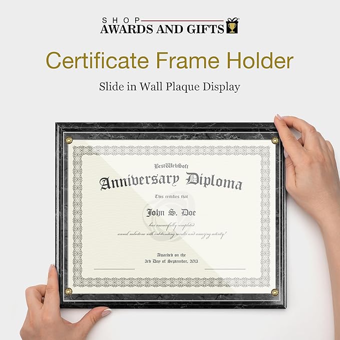 SHOP AWARDS AND GIFTS 8.5 x 11 Certificate Frame Holder, Slide in Wall Plaque Display, 10.5 x 13 Inch Board, Black