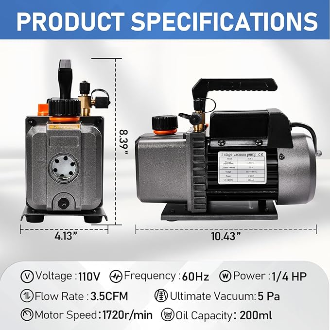 SUNROAD 3.5 CFM Vacuum Pump,110V 1/4 HP Single Stage Rotary Vane Air Vacuum Pump for HVAC AUTO AC Refrigerant Recharging, Applicable to R134a R12 R22 R410a R502 System