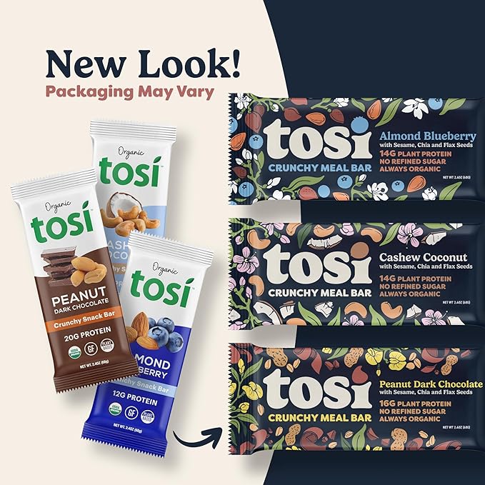Tosi Cashew Blueberry Protein Bars, Plant Based with Nuts, Gluten-Free Crunchy Snacks, Vegan, Organic, Flax & Chia Seeds, Soy-Free, Omega 3s, 12G Protein, 2.4 oz, 12-Pack