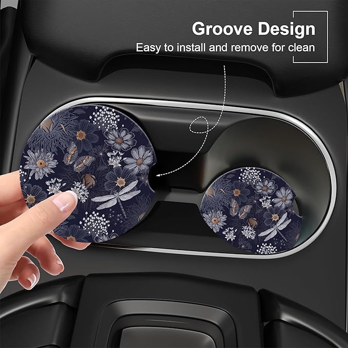 Vintage Wildflowers Insects Car Cup Holder Coaster,Car Coasters for Cup Holder,2 Pack Flowers Butterfly Dragonfly Anti-Slip Absorbent Ceramic Car Cup Coasters for Women Men with Cork Base 2.56"