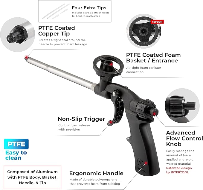 INTERTOOL Foam Gun, Expanding PU Applicator, PTFE Non Stick Coated, Professional Metal Body, Spray Dispensing Caulk Application, Insulating, Sealing, Filling PT-0605
