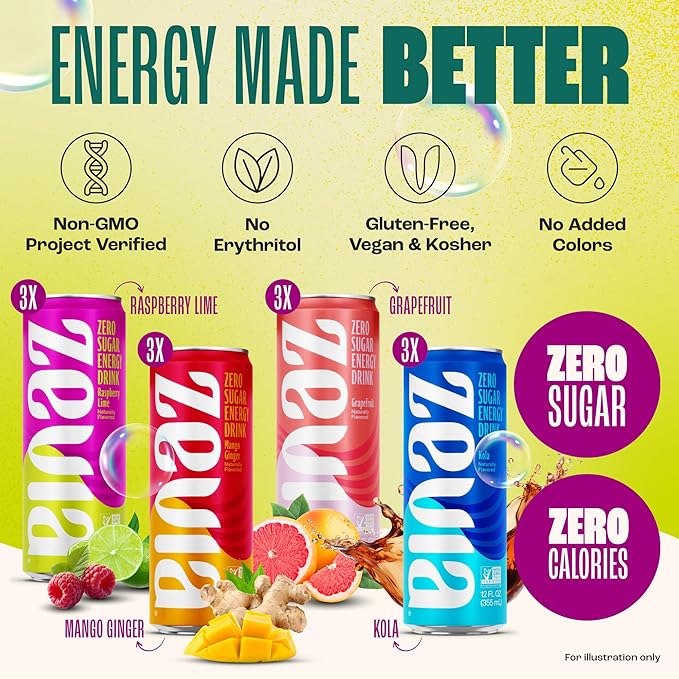 Zevia Zero Sugar Energy Drink, Classic Variety Pack, 12 oz Cans (12-Pack) – Naturally Sweetened, Non-GMO Project Verified, Gluten-Free, Vegan