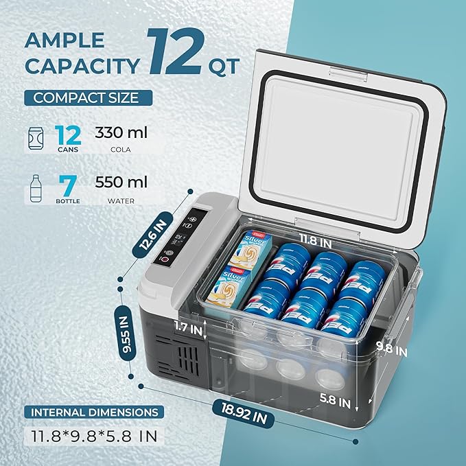 EUHOMY 12 Volt Refrigerator, 12 Quart (10L) Compressor Electric Cooler APP Control, Car Fridge 12/24V DC & 120-240V AC, Car Refrigerator -4℉~68℉, Portable Freezer for RV, Travel, Camping
