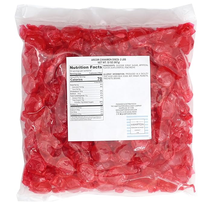 Arcor Cinnamon Discs Hard Candy, 2 Pound Bulk Candy (Approx. 150 pcs.), Cinnamon, Red Candy