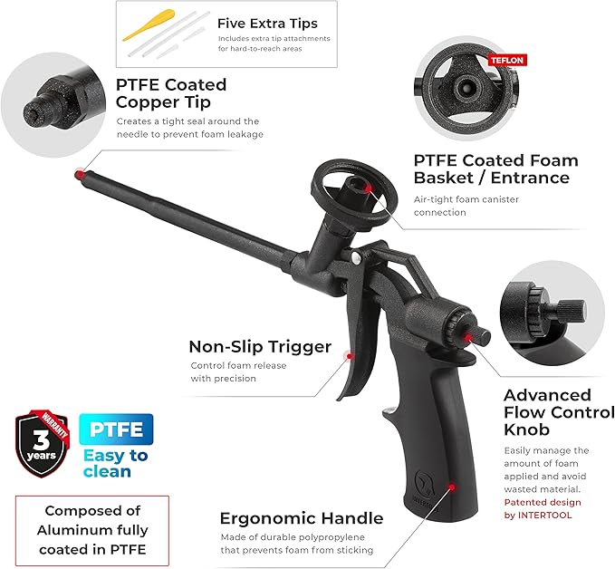 INTERTOOL Foam Gun, Expanding PU Applicator, Fully PTFE Non Stick Coated, Professional Metal Body, Spray Dispensing Caulk Application, Insulating, Sealing, Filling PT-0606