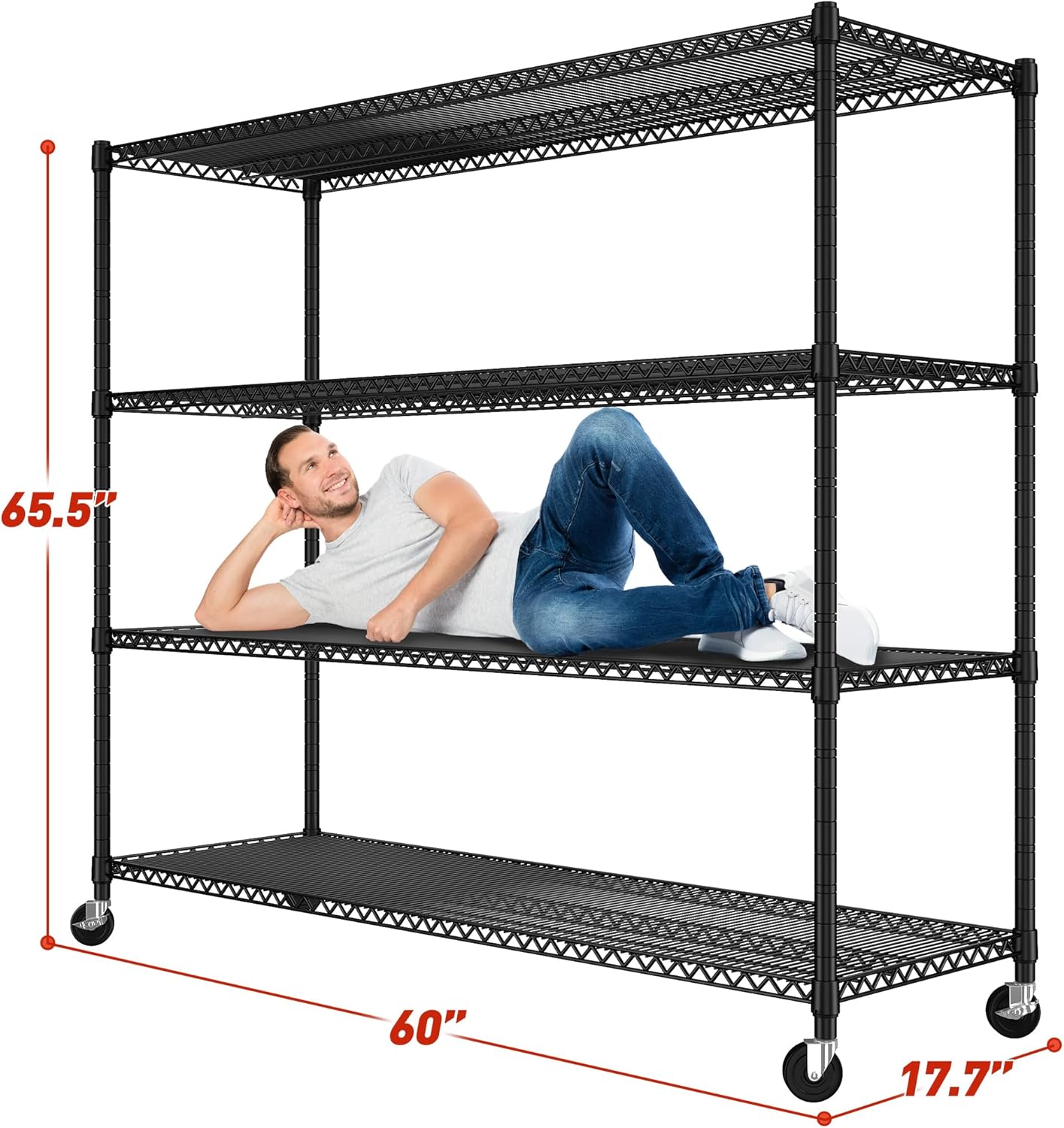 REIBII 60''W Storage Shelves 2399LBS Metal Shelving Unit with Wheels & Feet, 4 Tier Garage Shelving Heavy Duty Adjustable Wire Shelf for Pantry Kitchen Garage, 60" W x 18" D x 65.5" H, 2 Pack