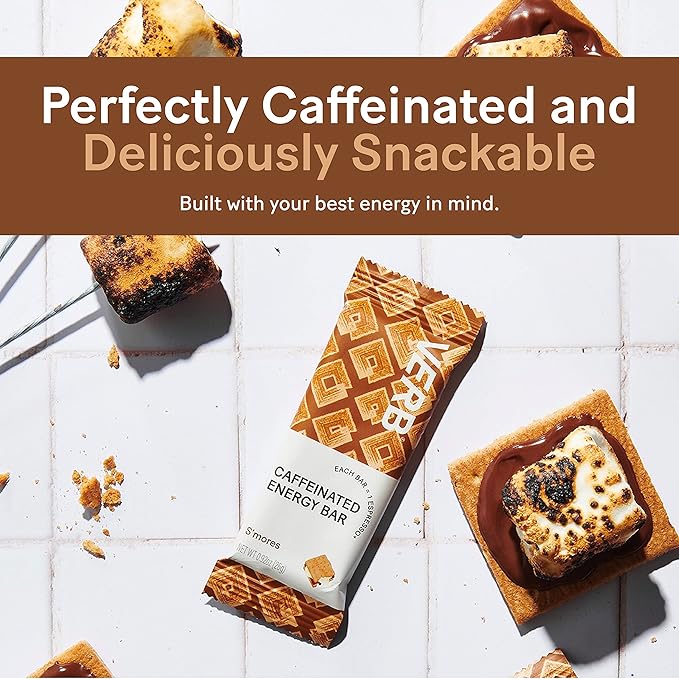 Verb Caffeinated Energy Bars S'mores (26g, Pack of 16) 110-Calorie Delicious Low Sugar Energy Bar - Vegan Gluten Free On-the Go Snack with 80mg Green Tea Caffeine, Only Real-Food Ingredients