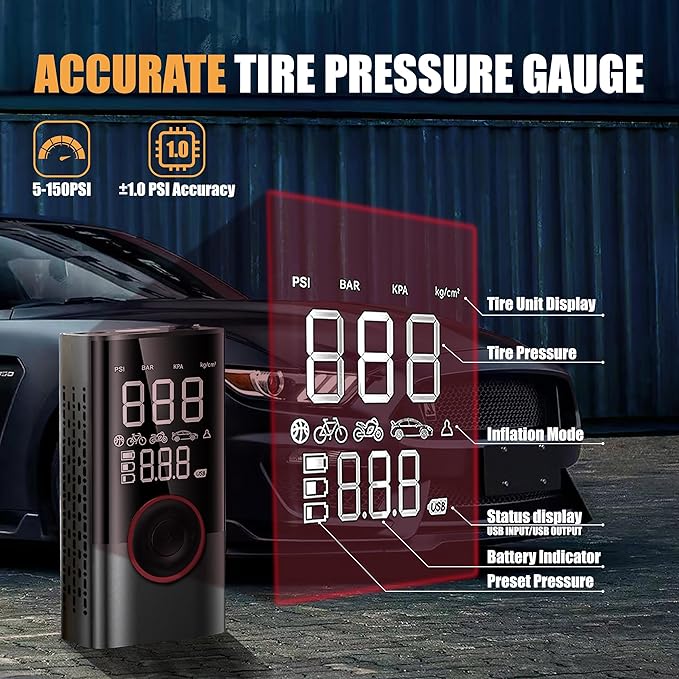 Tire Portable Air Compressor, Max 150PSI Cordless tire inflator with a digital pressure gauge, auto shut-off & LED light. Compact pump for car, bike, motorcycle, and ball