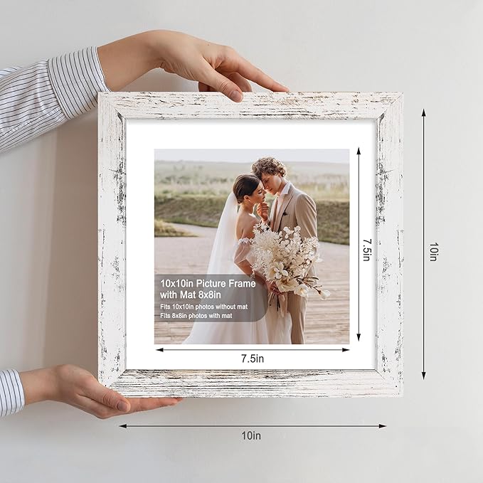 10x10 Picture Frame Set of 4, Made of Glass and Multicolour Wooden Frame, 10 by 10 Photo for Wall or Tabletop - Display Picture 8x8 with Mat or 10x10 Without Mat
