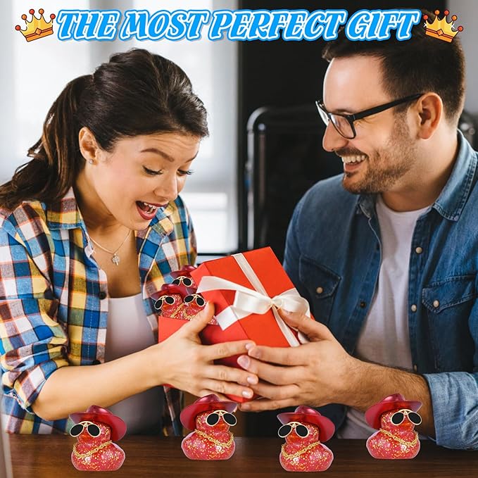 BOZILY Glitter Rubber Ducks Red Rubber Duck with Red Denim Cowboy Hat & Diamond Glasses - Stress Relieving Duck Car Accessories for Dashboard, Office, Home Decor - Unique Gifts for Adults