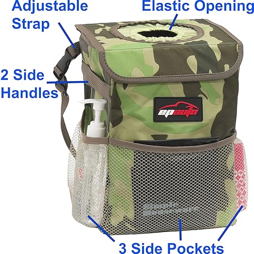 EPAuto Waterproof Car Trash Can with Lid and Storage Pockets, Camouflage Green