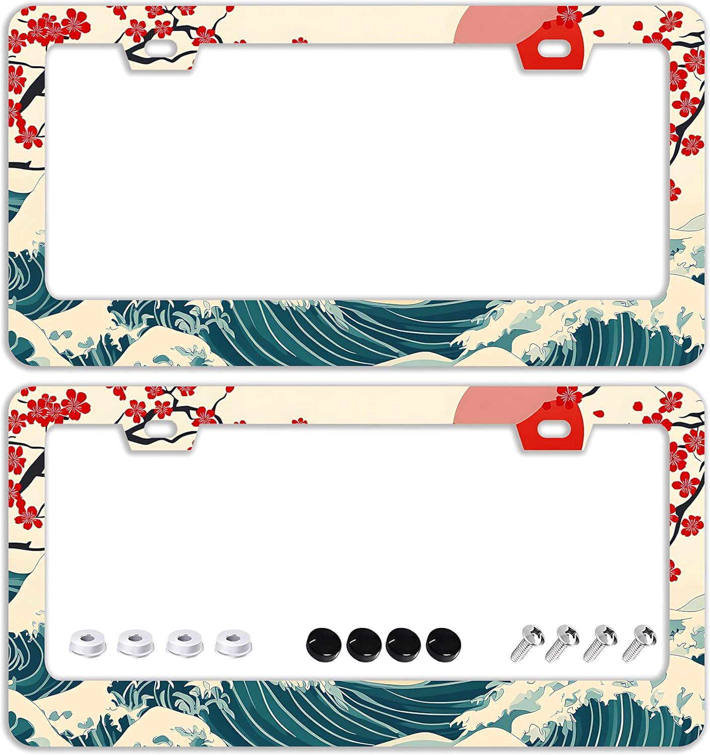 Waves Cherry Blossom License Plate Frames - 2 Pcs Set 2 Holes Stainless Steel Metal Auto Car Accessories Decoration License Plate Frame Cover Size 6.3" x 12.2" Fit US Vehicles for Women Men Gift