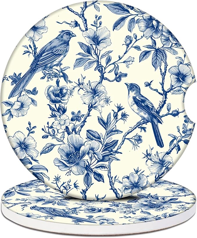 Blue Bird Floral Car Coasters for Cup Holders, Absorbent Ceramic Car Coaster Car Cup Holder Coaster Car Accessories for Women Men (2 Pack)