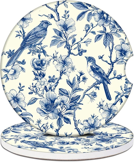 Blue Bird Floral Car Coasters for Cup Holders, Absorbent Ceramic Car Coaster Car Cup Holder Coaster Car Accessories for Women Men (2 Pack)