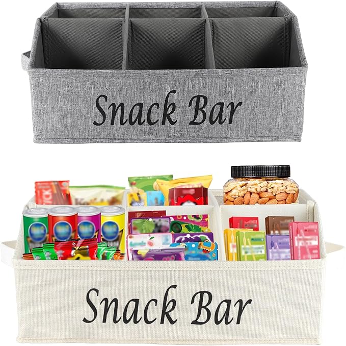 Snack Organizer for Countertop, 6 Compartment Snack Storage with Side Handle, 2 Pack Fabric Snack Basket Container, Lightweight Snack Bar Station Organizer, Kitchen Pantry Storage, Beige/Gray