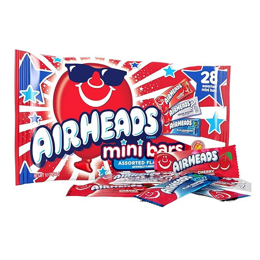 Airheads Candy Mini Bars, Red, White, & Blue, Assorted Flavors Variety Bag, Party, Non-Melting, 12 oz Bag