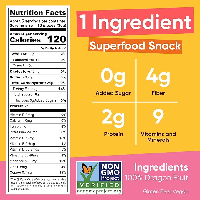 Yammy Dried Dragon Fruit Chips for Drinks Refreshers, Healthy 1 Ingredient Superfood Snack, Crunchy Like Freeze Dried Dragonfruit Chunks, Dehydrated Red Pitaya Pieces, Gluten Free Vegan (5.6oz Pack of 4)