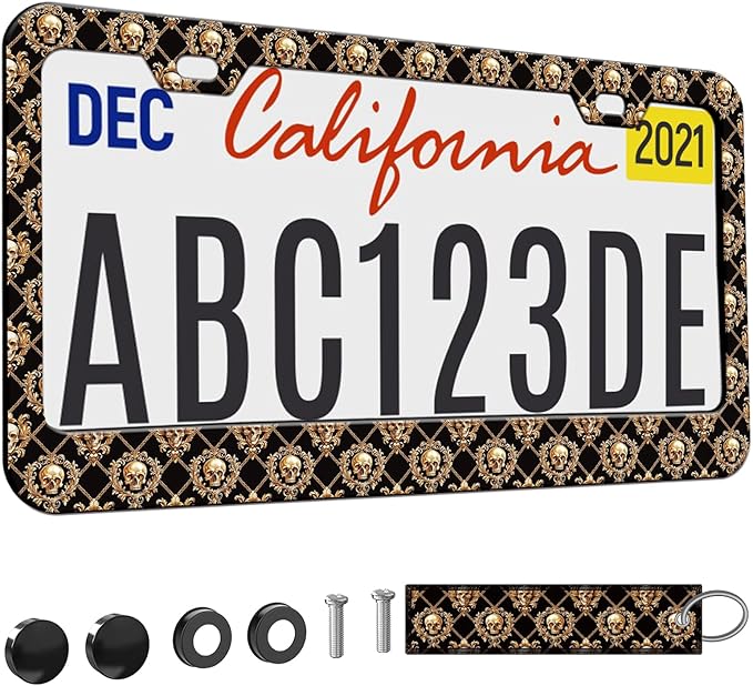 1pcs Brown Skulls License Plate Frame for Women, Skull Skeleton car Decorative tag Frames Girly,Halloween License Plate Cover Holder for Vehicle with Double Sided car Keychain tag