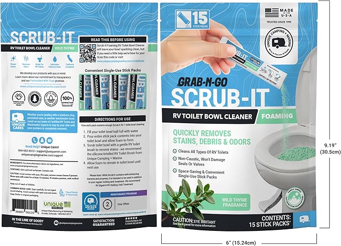 Unique Scrub-It Foaming RV Toilet Cleaner - Wild Thyme Scent, 15 Count Stick Packs, Premeasured, No-Mess, Grab-N-Go Powder Removes Stains from RV Toilet Bowls, Helps Lubricate Valves and Seals