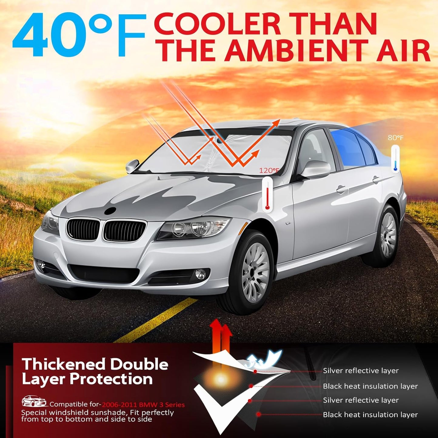 KAYZT Windshield Sun Shade for 2006-2011 BMW 3 Series 330i 328i 320i 325i 335i Foldable Sunshade Front Window Custom Fit Car Accessories
