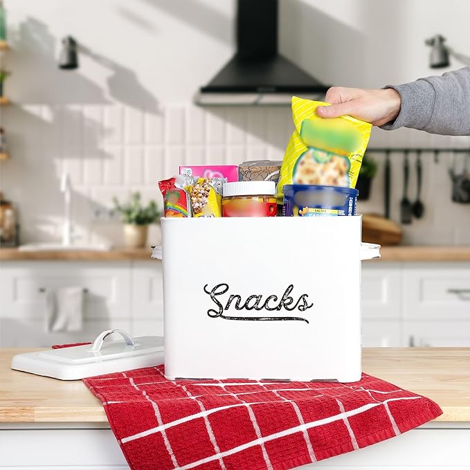 AuldHome Design Rustic Snack Bin, White Enamelware Snack Container Perfect for Single Serving Snacks