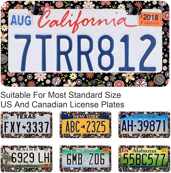 Personalise Floral Flowers License Plate Frames, Rust-Proof Stainless Steel - Screws, Fasteners, and Caps Included - Personalized Cover for Women and Men -12.3x6.3 Inch License Plate Holder -DATANSEN