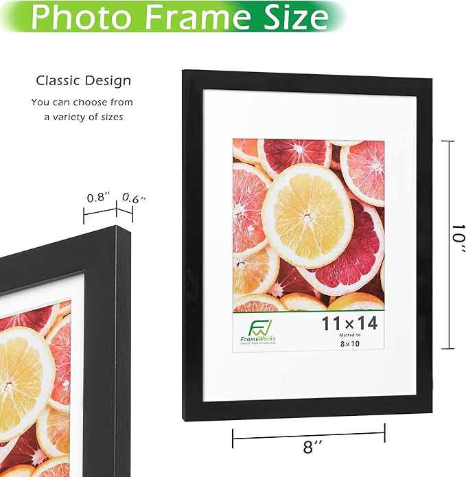 FrameWorks 2-Pack, 11x14 Matted to 8x10 Picture Frame, Black – Classic Wooden Photo Frame with Tempered Glass, Modern Matte Finish for Prints, Posters, Certificates & Wall Decor – Gallery-Ready