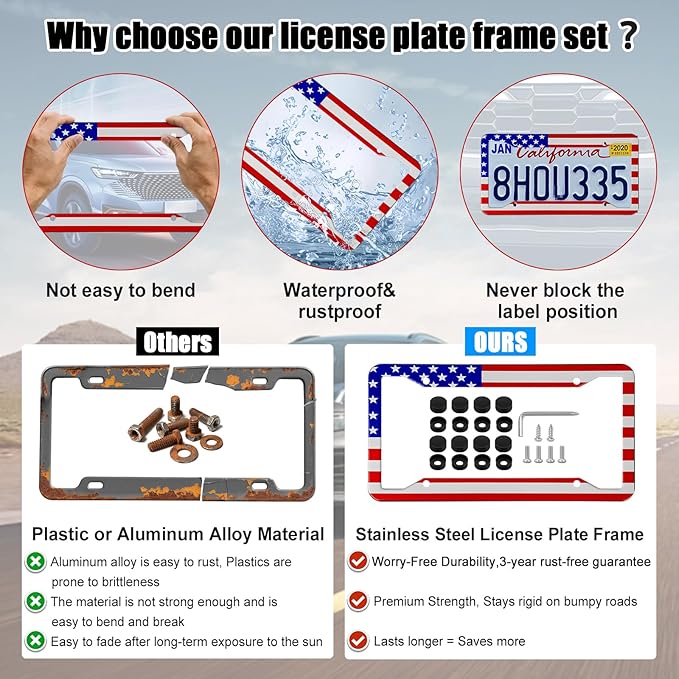 American Flag License Plate Frames Holder - 2 Pack Stainless Steel Rustproof USA Patriotic Car Tag Cover Holder with Free Screws Accessories + Metal Stickers & Keychain & Cup Holder Mats, Red Blue