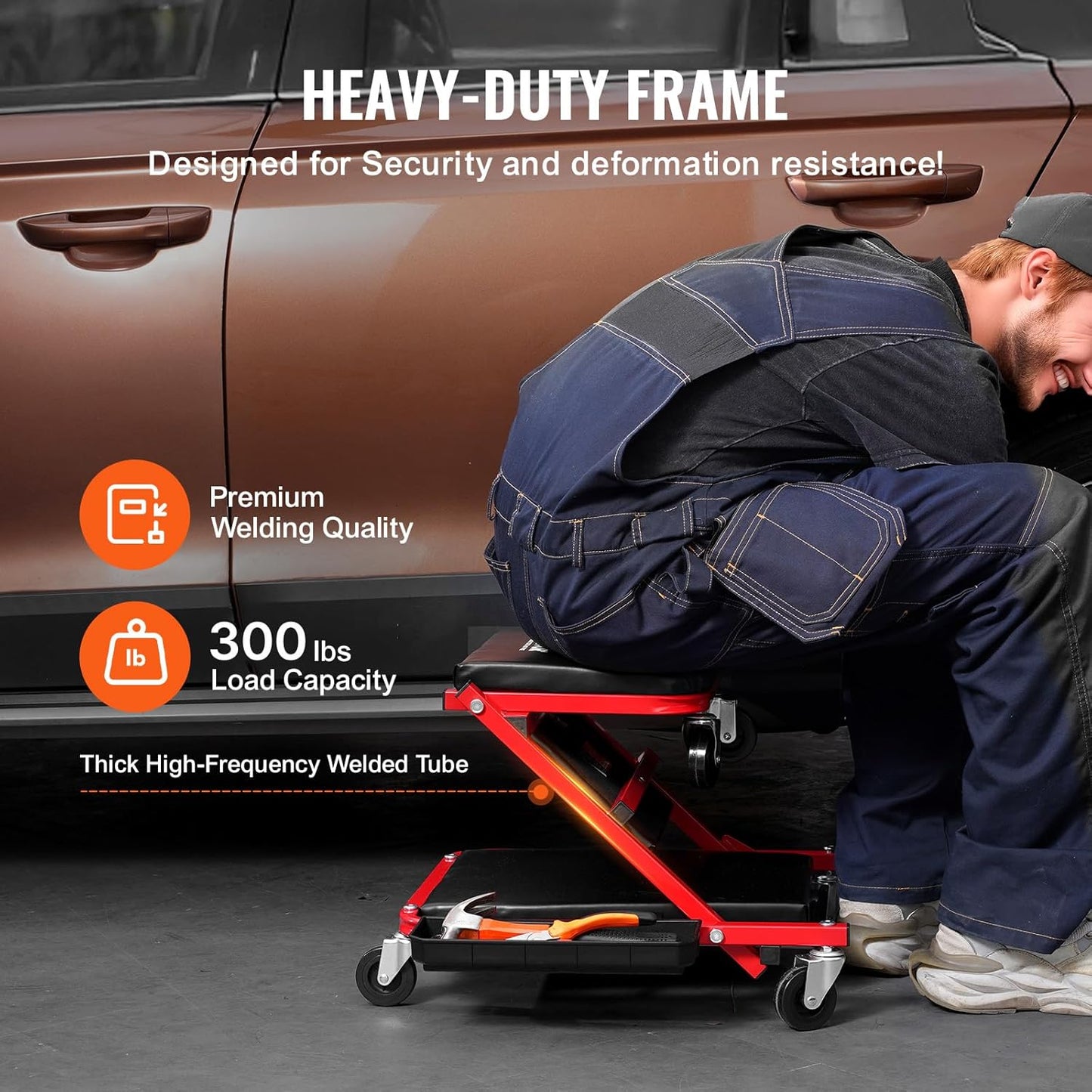 VEVOR Foldable Z Garage Creeper, 36 in, 300 lbs Load Capacity Rolling Folding Mechanic Creeper Stool, with 6 Wheels Tool Tray Padded Seat Steel Frame, Lay Down or Sit Chair for Garage Shop or Home