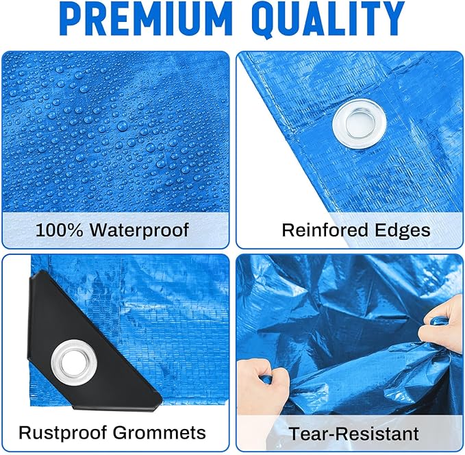 2 Pack 8 x 10 ft 5.5 Mil Large Tarps Heavy Duty Waterproof Tarp Multi Purpose Tent Cover for Home Boats Cars Camping Patio Furniture Roof Emergency Rain Protective Cover, Blue