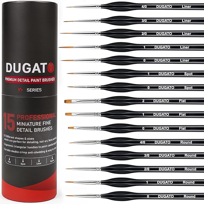 DUGATO Fine Detail Paint Brush Set (15pc) - Miniature Brushes with Ergonomic Triangular Handles & Travel Case for Acrylic, Watercolor, Oil, Models & Warhammer
