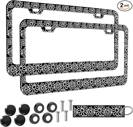2pcs Vintage Black and White Daisy Floral License Plate Frame for Women, Minimalist Daisy Flower car Decorative tag Frames Girly, Aesthetic Black White Floral License Plate Cover Holder for Vehicle