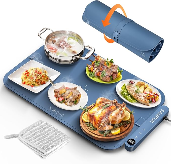 2025 Upgrade Electric Warming Tray,Food Warming Mat,Food Heating Mat for Countertop, 6 Temperature Modes, Auto Shut-Off,Removable, Washable,for Versatile Food Warmer for Parties (Blue)