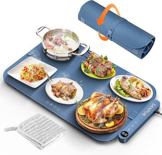 2025 Upgrade Electric Warming Tray,Food Warming Mat,Food Heating Mat for Countertop, 6 Temperature Modes, Auto Shut-Off,Removable, Washable,for Versatile Food Warmer for Parties (Blue)