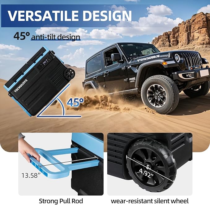 45L Car Refrigerator Freezer, 48QT Dual Zone 12V / 24V Portable Fridge with Reversible Door, Battery Slot, All-Terrain Wheels, AC/DC Powered, Touchscreen Control, LED Light, -4℉~68℉, Ice Blue