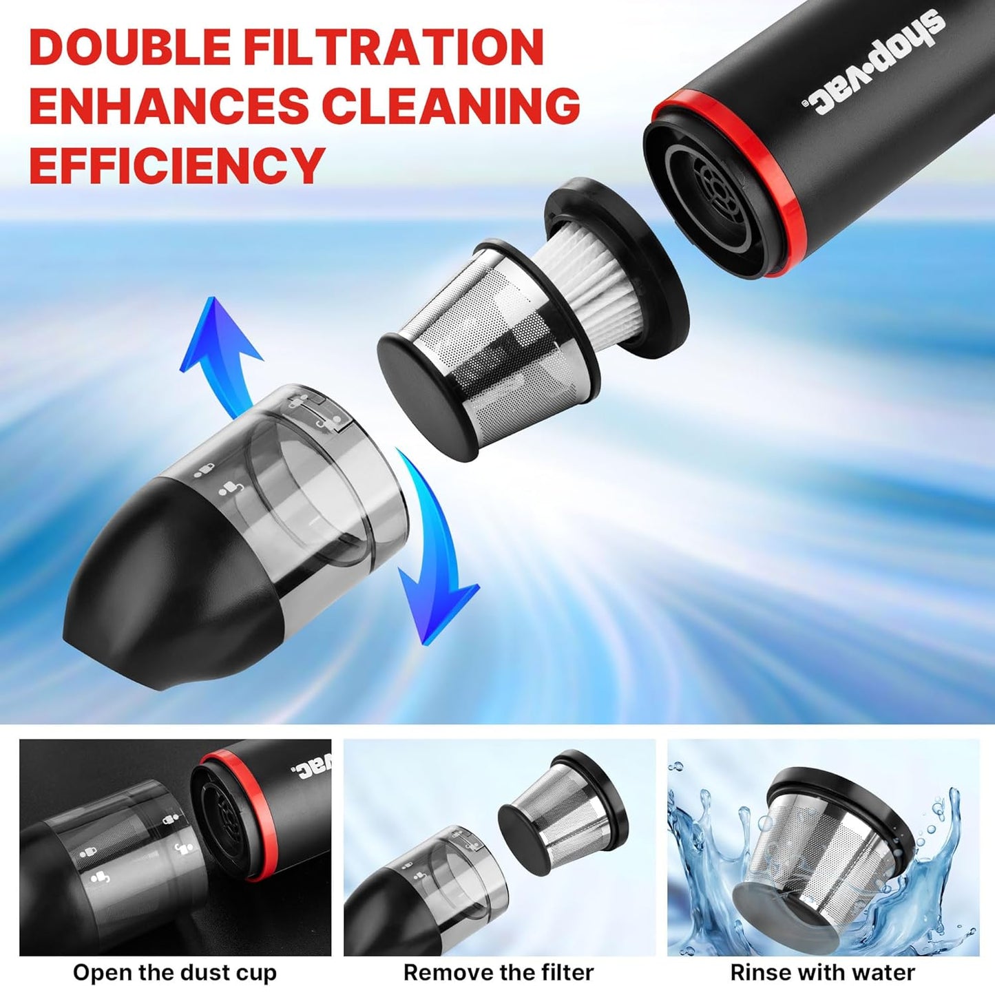 Shop-Vac Car Vacuum Cordless, 14000Pa 2-in-1 Blow/Suction Portable Air Duster, Mini Car Vacuum, Handheld & Lightweight with 6 Nozzles, Type-C Rechargeable for Auto/Home/Office