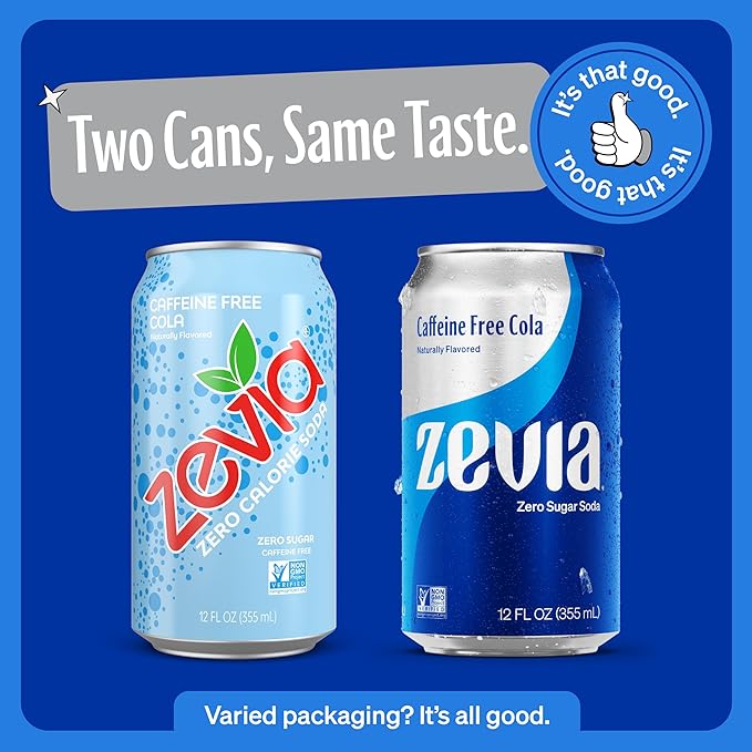 Zevia Zero Sugar Soda, Caffeine Free Cola, 12 oz Cans (24-Pack) – Naturally Sweetened, Zero Calorie Sugar Free Soda - Non-GMO Project Verified, Gluten-Free, Vegan