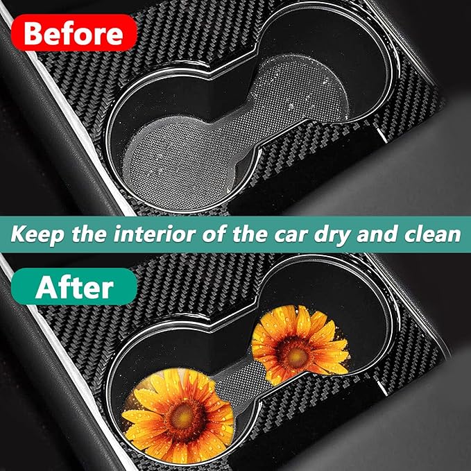 2 Pack Car Cup Holder Coasters - Sunflower Raindrops Absorbent Ceramic Coaster, Car Coasters for Cup Holders, Car Interior Accessories for Women Men
