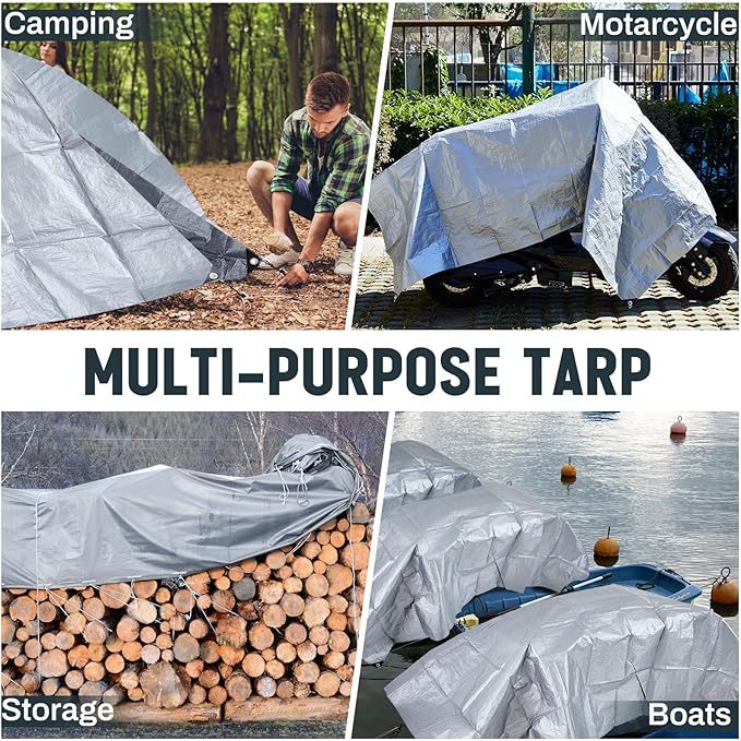8 Pack 6 x 8 ft 5.5 Mil Large Tarps Heavy Duty Waterproof Tarp Multi Purpose Tent Cover for Home Boats Cars Camping Patio Furniture Roof Emergency Rain Protective Cover, Silver
