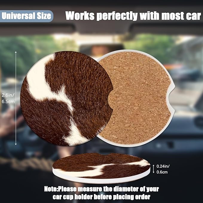 Car Cup Holder Coaster -Cow Hide Brown Absorbent Ceramic Coaster, Car Coasters for Cup Holders, Auto Accessories for Women & Men, Pack of 2