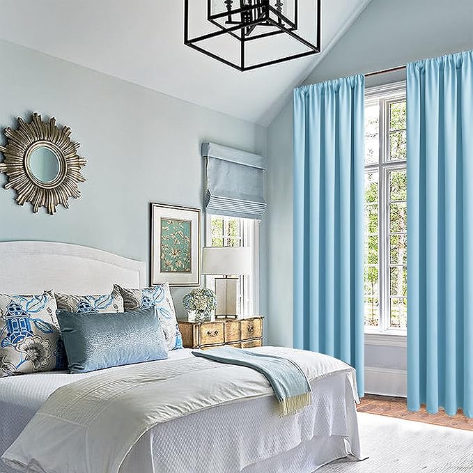 JIUZHEN Blackout Curtains for Bedroom– Thermal Insulated,Noise Reducing Room Darkening Privacy Drapes for Living Room, Set of 2 Panels with Tiebacks, 52 x 63 inch Long, Light Blue