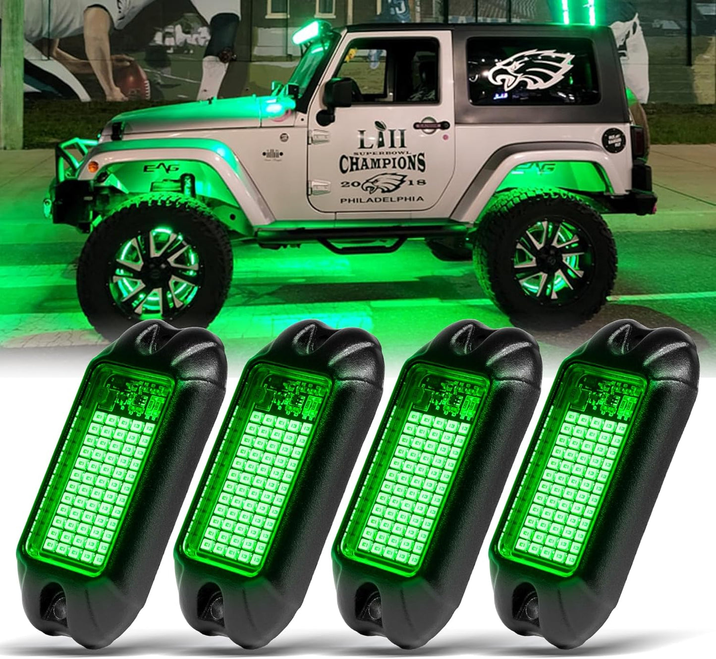 Nicoko 4Pods Pure Green LED Rock Lights 72w high Power Rock Lights Neon Underglow Light for Car Trucks ATV UTV SUV Boat Underbody Glow Trail Rig Light IP68 Waterproof