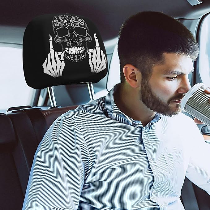 Dujiea 2 Pack Funny Skull Car Headrest Covers, Universal Soft Car Seat Head Rest Cover Protector, Vehicle Accessories Fabric Headrest Cover for Cars Vans Trucks