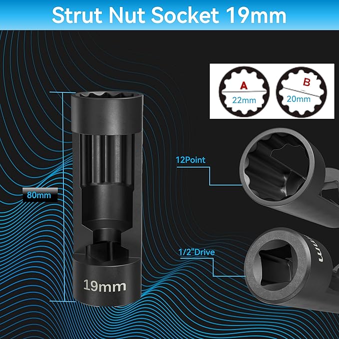 Suspension Strut Socket Tool,Strut Nut Socket 18mm 19mm 21mm 22mm 24mm with 12 Point 1/2" Drive, Suspension Strut Nut Socket Tool Easy Remove Strut Nuts,12Pt Vm Number 3353 Accessory(19mm)