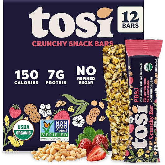 Tosi Peanut Butter & Jelly Protein Bars, Plant Based with Nuts, Gluten-Free Crunchy Snacks, Vegan, Organic, Flax & Chia Seeds, Soy-Free, Omega 3s, 7G Protein, 1 oz, 12-Pack