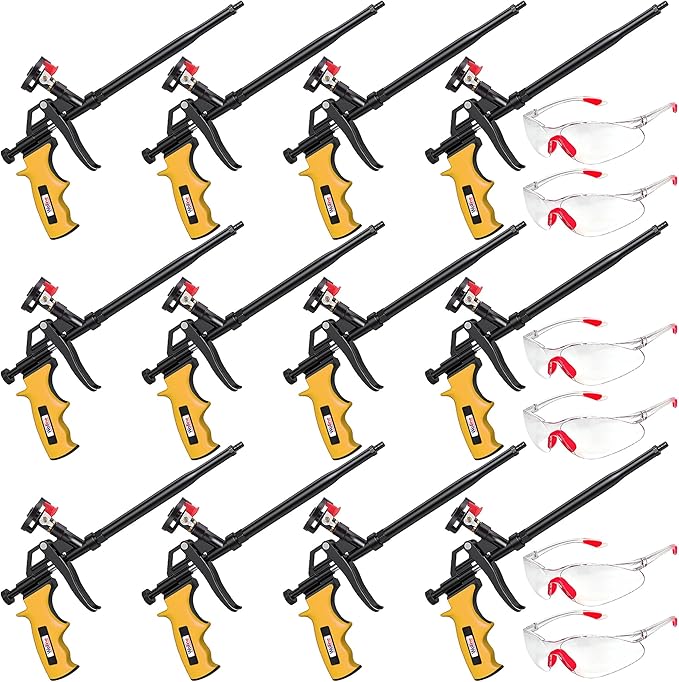 12 Pack Professional Spray Foam Insulation Gun (12 Foam Gun + 48 Nozzle), Teflon-Coated Expanding Foam Gun, Foam Dispensing Gun, for Caulking, Insulating Foam Applicator Yellow - 12 Pack